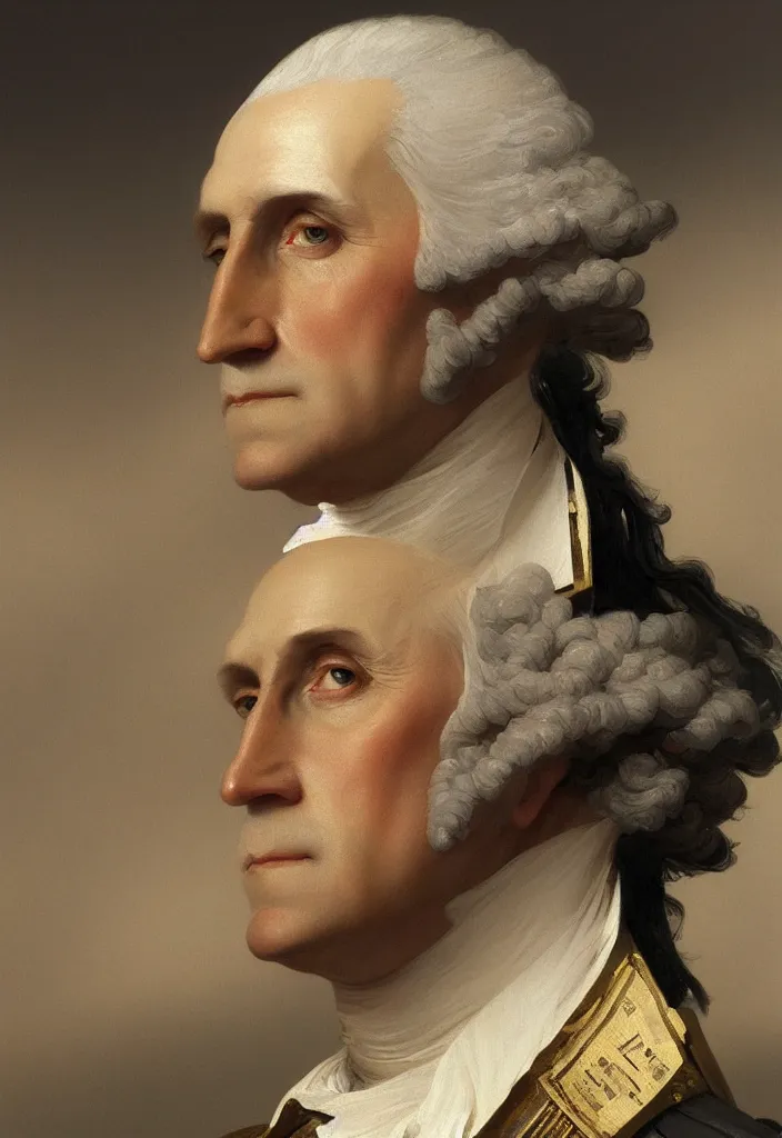 Prompt: a portrait of george washington with cybernetic upgrades to half of his face, intricate, war torn, highly detailed, digital painting, one eye human one eye robotic, artstation, concept art, smooth, sharp focus, illustration, art by artgerm and greg rutkowski and alphonse mucha and william - adolphe bouguereau