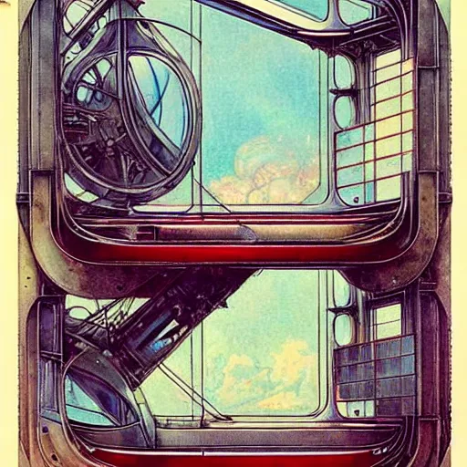 Image similar to ( ( ( ( ( 1 9 5 0 s retro future intricate machine spaceship large window. muted colors. art nouveau ) ) ) ) ) by jean baptiste monge!!!!!!!!!!!!!!!!!!!!!!!!! chrome red