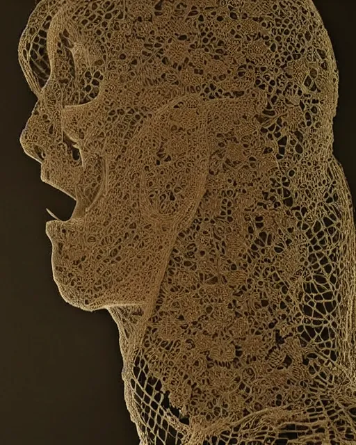 Image similar to a woman's face in profile, made of intricate lace skeleton, in the style of the dutch masters and gregory crewdson, dark and moody