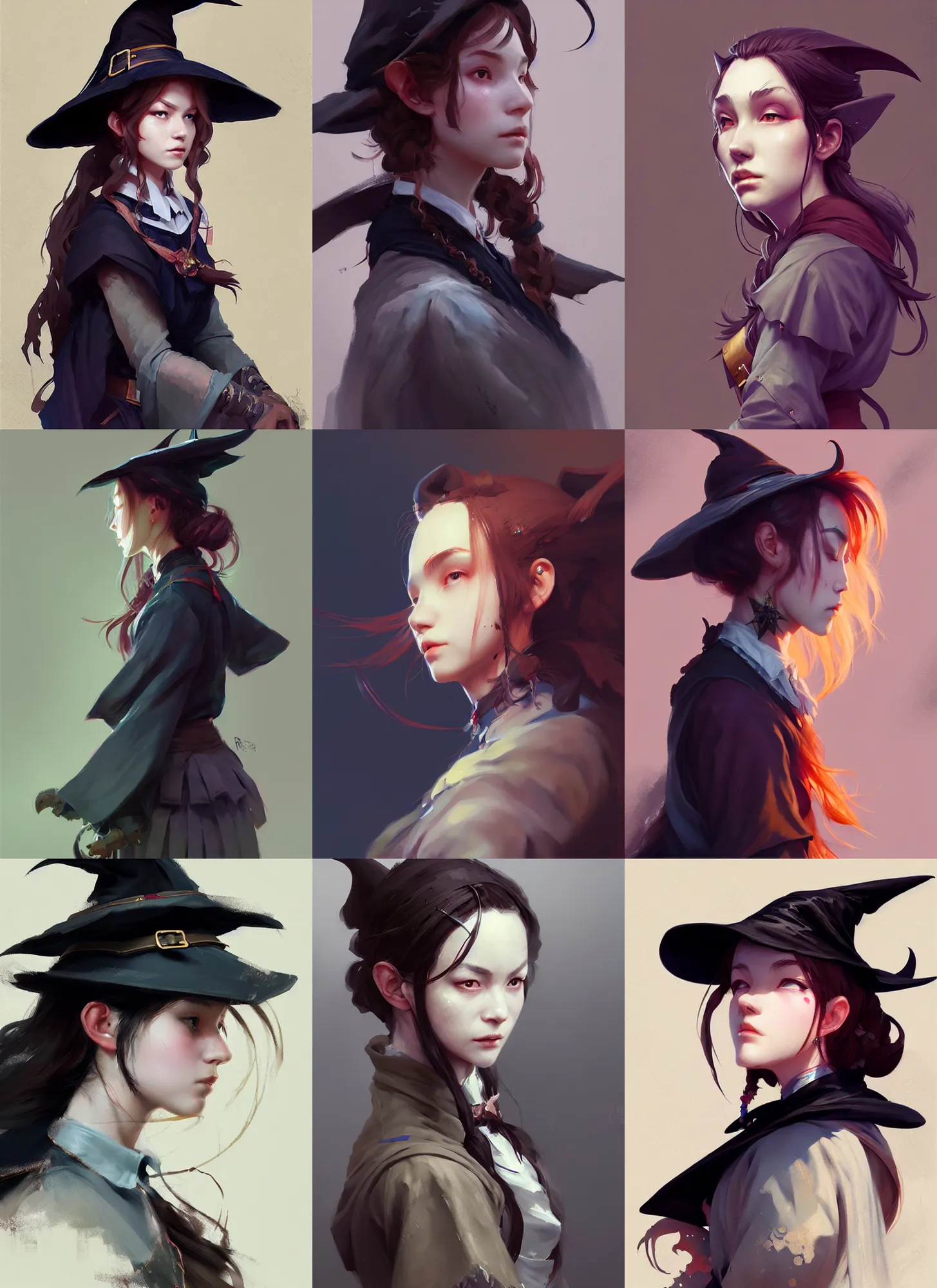 Image similar to side portrait of a rugged girl witch wearing magic school uniform, cinematic, elaborate, elegant, masterpiece, illustration, digital painting, concept art, trending on artstation, pixiv, art by ruan jia and hong soonsang