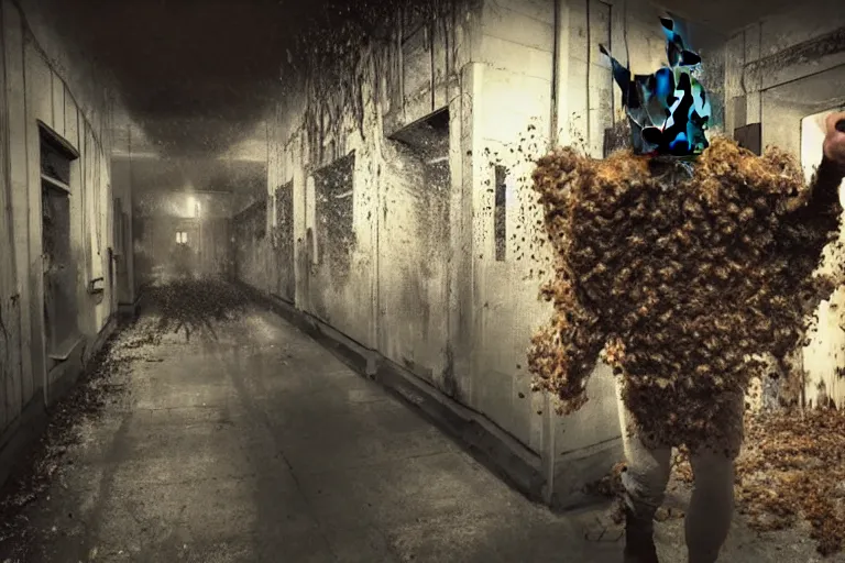 Image similar to batman covered in beer, chasing through old brown decrepit hallway, creepy smile, atmospheric eerie lighting, photorealistic face, dim lighting, bodycam footage, motion blur, photography