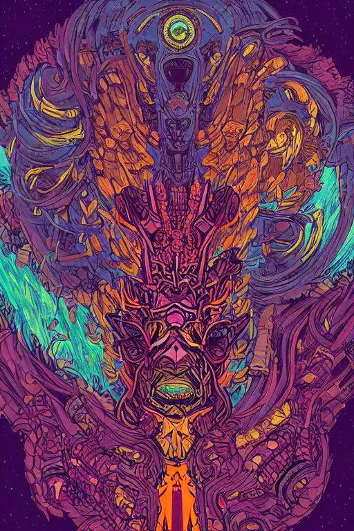 Image similar to totem animal tribal chaman vodoo mask feather gemstone plant video game illustration vivid color borderlands and by feng zhu and loish and laurie greasley, victo ngai, andreas rocha, john harris radiating a glowing aura