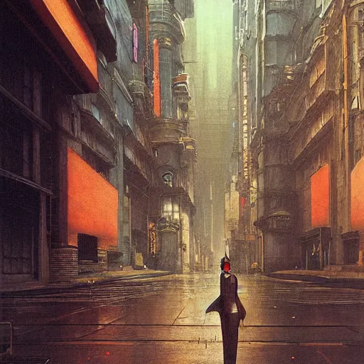 Image similar to portrait of masked cyberpunk scientist on the art deco streets of the Empire city, award-winning realistic sci-fi concept art by Beksinski, Bruegel, Greg Rutkowski, Alphonse Mucha, and Yoshitaka Amano