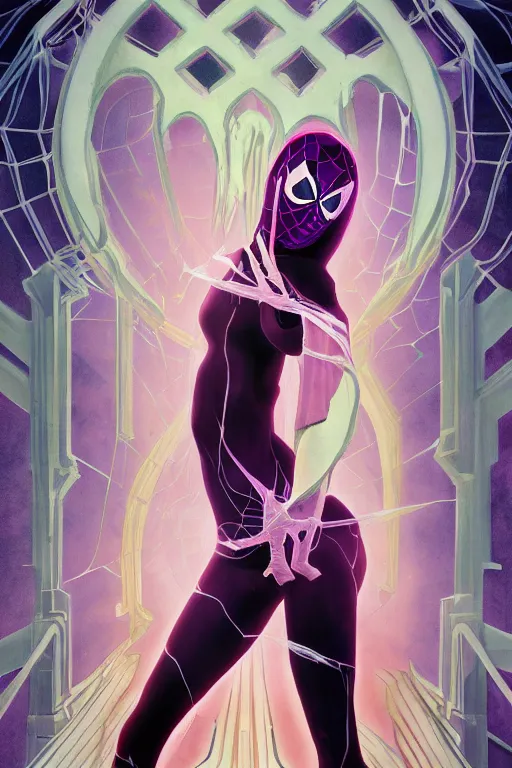 Prompt: a dramatic ethereal epic painting of Spider-Gwen | tarot card, art deco, art nouveau, realistic | dramatic lighting | by Dresden Codak, by Mark Maggiori and Alphonse Mucha | trending on artstation