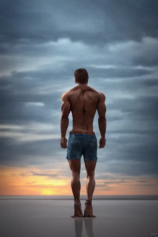 Image similar to a very muscular and defined man wearing ripped pants and shirt looking to the sea at sunset, godrays, complementary colors, natural lighting, portait image, path tracing, serene landscape, high quality, highly detailed, 8K, soft colors, warm colors, turbulent sea, high coherence, anatomically correct, hyperrealistic, concept art, defined face, five fingers, front view