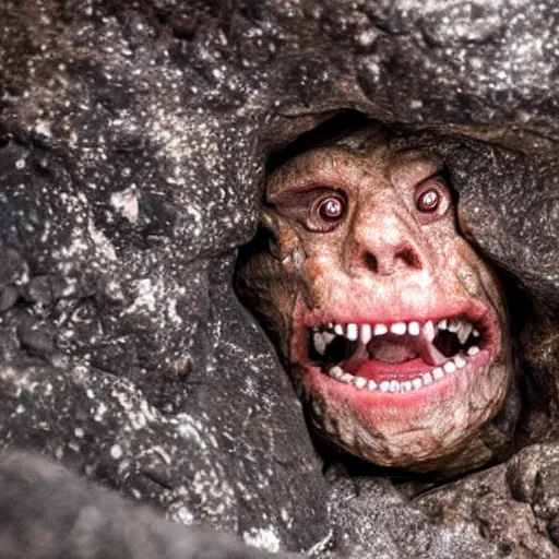 Image similar to photo inside a cavern of a wet reptilian humanoid trump partially hidden behind a rock, with black eyes, open mouth and big teeth