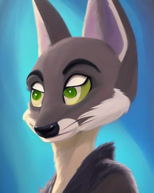 Image similar to oil painting of anthromorphic female wolf, in style of zootopia, zootopia, zootopia, fursona, furry, furaffinity, 4 k, deviantart, furry art, fursona art, wearing black business suit, business suit, in style of zootopia, wolf fursona, cyberpunk, female, expressive detailed feminine face,