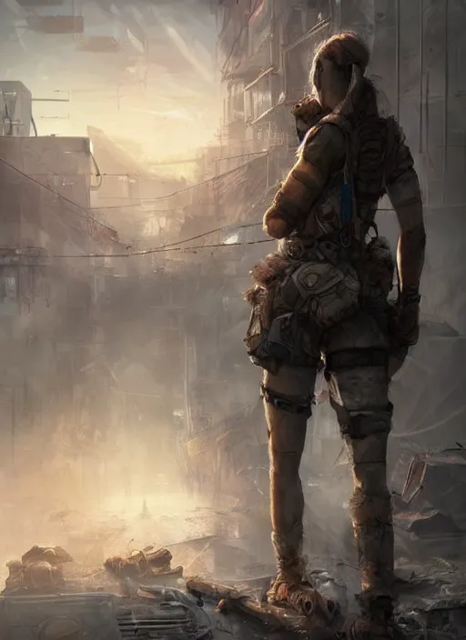 Image similar to portrait of a survivalist woman in a post apocalyptic city at dawn, beautiful intricate digital concept art trending on artstation, soft light