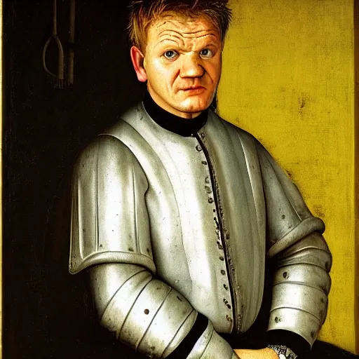 Image similar to portrait of gordon ramsay, oil painting by jan van eyck, northern renaissance art, oil on canvas, wet - on - wet technique, realistic, expressive emotions, intricate textures, illusionistic detail