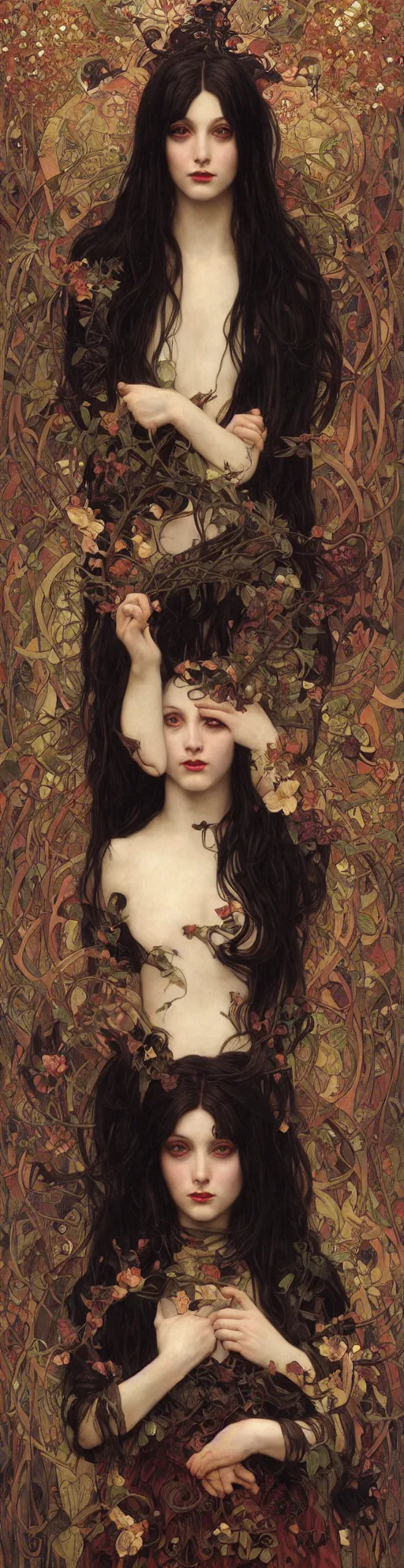 Image similar to masterpiece painting of ephemeral vampire raven haired girl by donato giancola, darius zawadzki and tom bagshaw, face by artgerm and edmund leighton, alphonse mucha, background by james jean and gustav klimt, 8 k, horror, dark color palette, volumetric lighting, porcelain skin, french nouveau, trending on pixiv