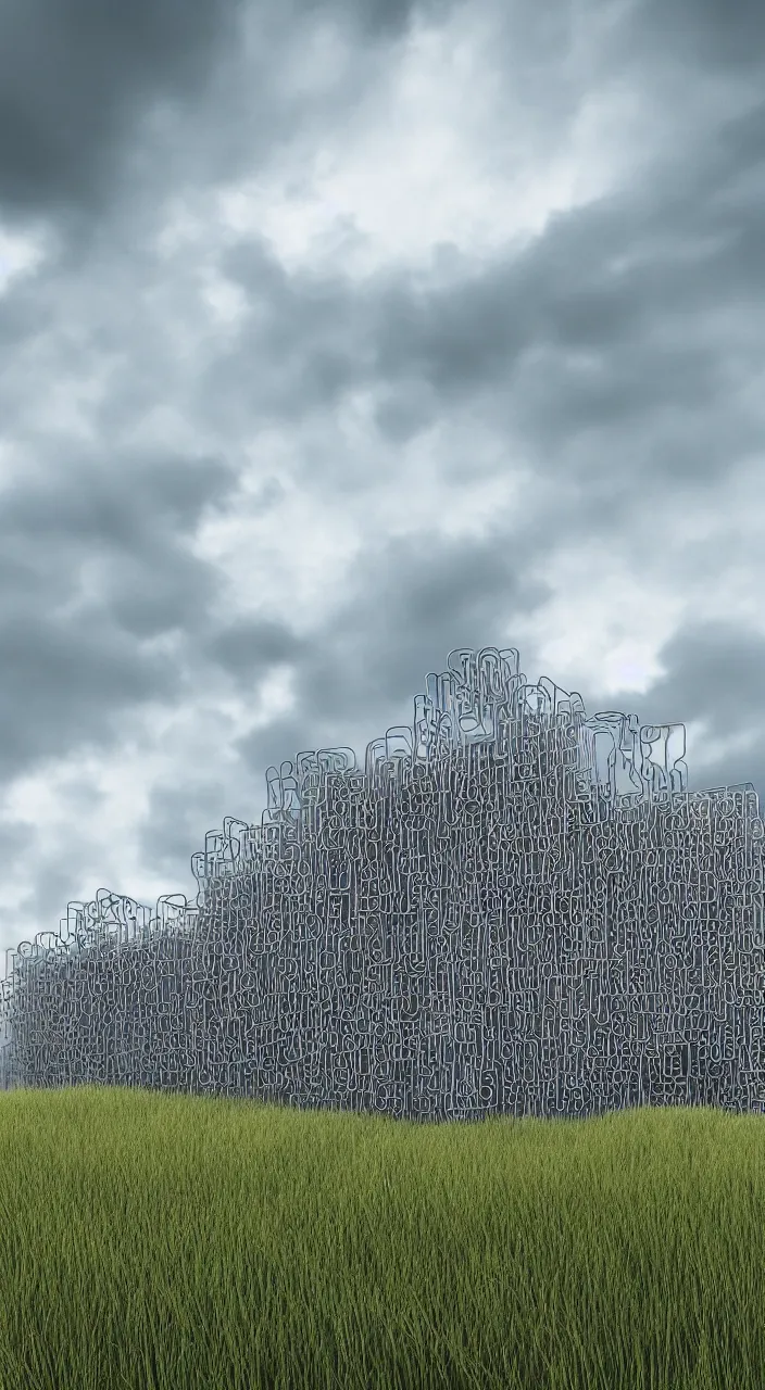 Prompt: intricate patterned building facade made from paperclips with cloudy dramatic sky and grassy meadow, hyperrealism, 4 k octane render, photorealistic concept art, highly detailed