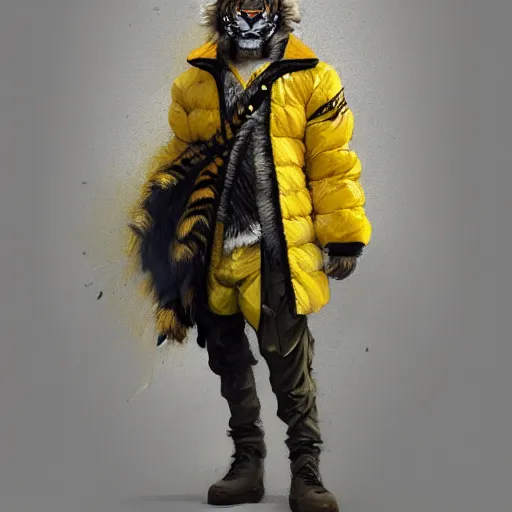 Image similar to commission portrait of a male anthro tiger wearing a black and yellow padded puffed up jacket.dramatic,character design by charles bowater,greg rutkowski,ross tran,hyperdetailed,hyperrealistic,4k,deviantart,artstation,professional photography,concept art