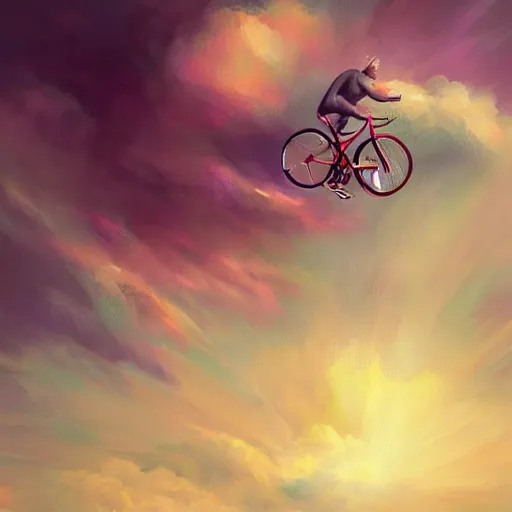 Prompt: An extreme closeup, striking painting of a happy man flying in the sky on his bicycle in the clouds, award-winning digital art by Ross Tran