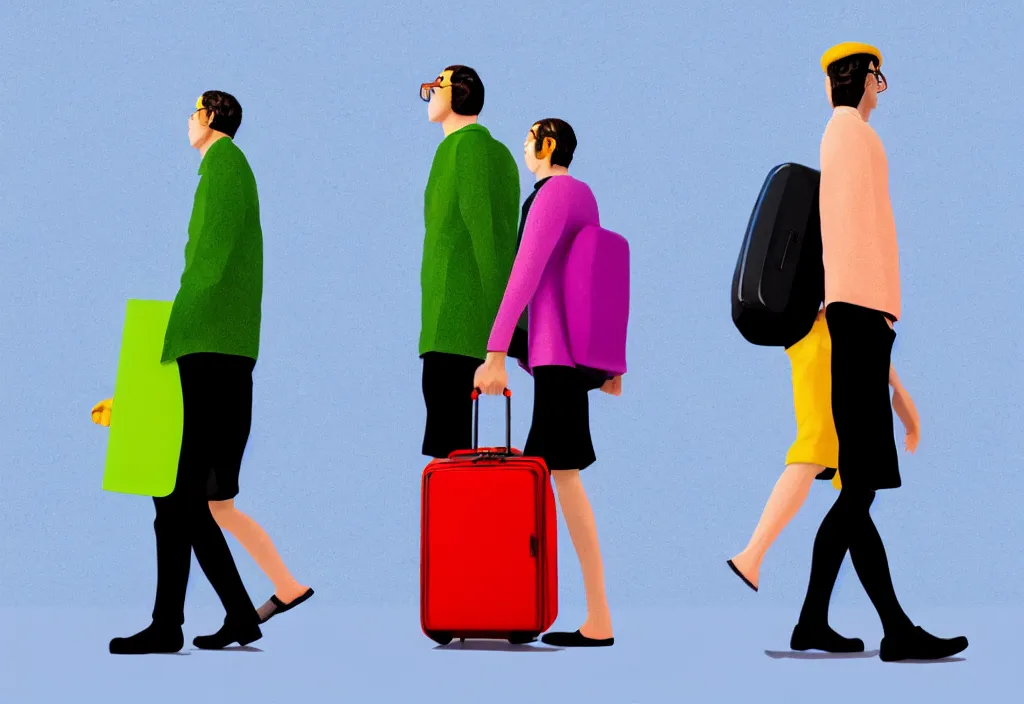 Image similar to full body portrait of a duo of european tourists autumn travel apparel, various poses walking and carrying luggage, character designs painting, in the style of wes anderson, rene magritte, lola dupre, david hockney, isolated on white background, dark monochrome neon spraypaint accents volumetric octane render