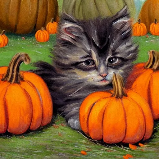 Prompt: a cute fluffy kitten amidst piles of pumpkins. halloween autumn fall art. beautiful painting by henriette ronner - knip