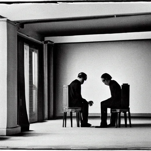 Prompt: Marcel Duchamp playing chess against a machine in a vast white empty room, photography by Irving Penn