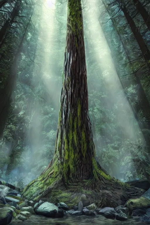 Image similar to In some of the column carved with Norse gods there is a huge glowing redwood, light filtering through the gaps in the leaves, Sparkling in the flowing creek, Tyndall effect, hone finished, concept art, fantasy, unreal engine, octane render, cinematic shot, 8K, hyper detailed, crepuscular ray, low angle, superwide shot, lunapunk