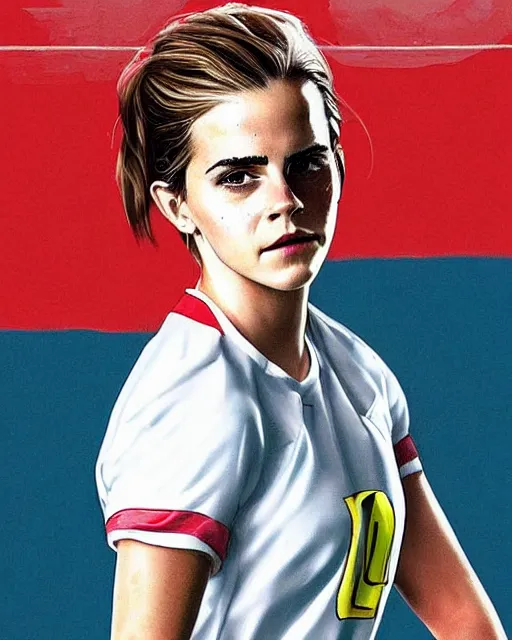 Image similar to a portrait of emma watson as a lokomotiv football player, hyper realistic, highly detailed