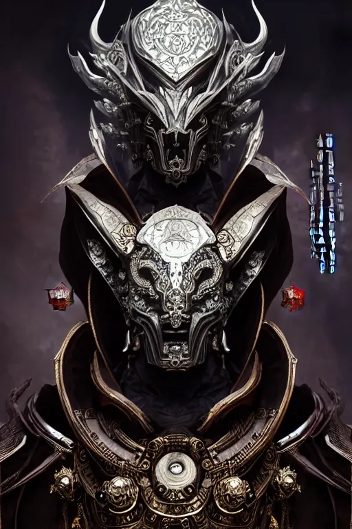 Image similar to asura from chinese myth, ghost, luxurious armor mixed with leather and metal, gothic diablo art, rococo art, cyberpunk, mecha, halfturn portrait of a big crystal face made of crystals half - turn, ominous, intricate, studio, art by anthony macbain + greg rutkowski + alphonse mucha, concept art, 4 k, sharp focus