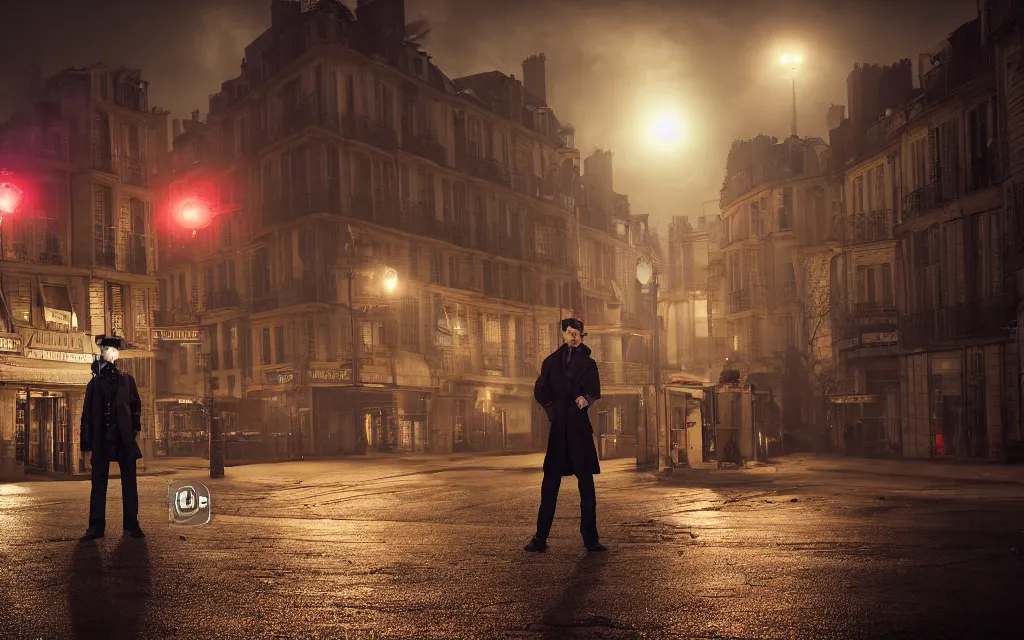 Image similar to One man in a trenchcoat armed with a ruby pistol in an early 20th century parisian street at night. Two cars are drifting around a lovecraftian creature with their lights on. A train station is visible in the background. 4k, dynamic, pulp, studio lighting, cinematic composition, vivid colors, low angle shot, (fish eye).