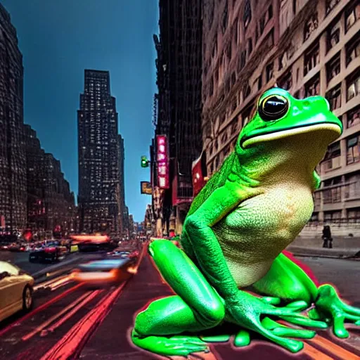 Prompt: giant frog attacking new york city