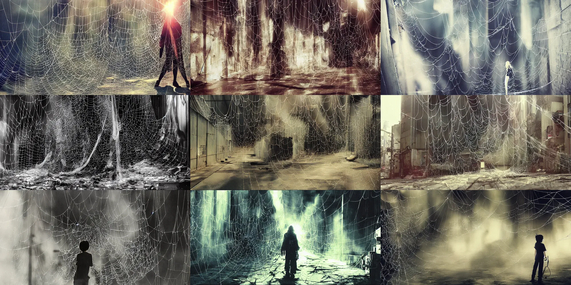 Prompt: anime movie scene, mamoru oshii, otomo, ultra wide, vanishing point, caught in the web, wrapped up, horror, watercolor, spiderwebs, arachnophobia, dripping, sewer pipe entrance, sun beam, spider legs, dusty volumetric light, back lit, paper texture, spider nest, deserted shinjuku junk, brutalist, golden ratio