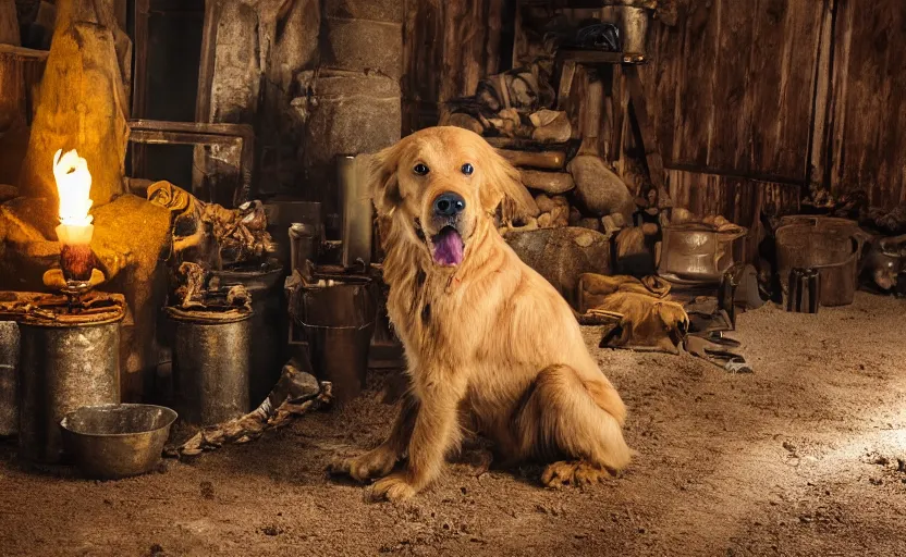 Image similar to a dirty golden retriever dog in a black western hat with many large gold nugget piles in a dark mine, dim moody lighting, wooden supports and wall torches and pick axes, cinematic style photograph