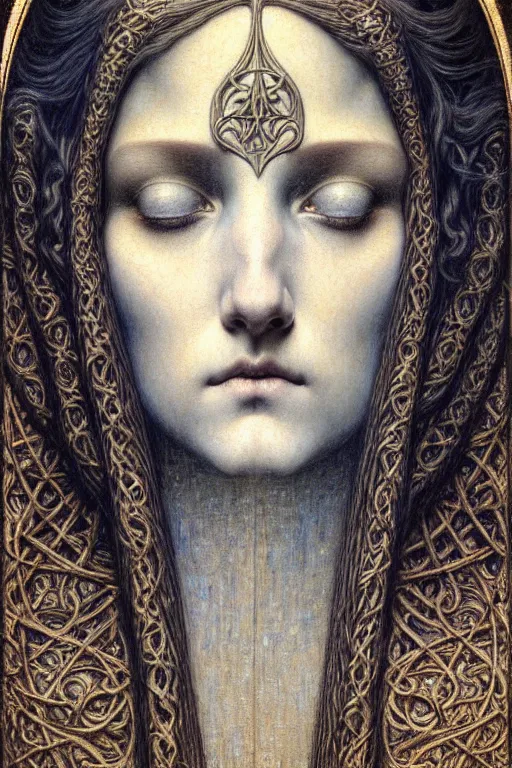 Image similar to detailed realistic beautiful young medieval queen face portrait by jean delville, gustave dore and marco mazzoni, art nouveau, symbolist, visionary, gothic, pre - raphaelite. horizontal symmetry