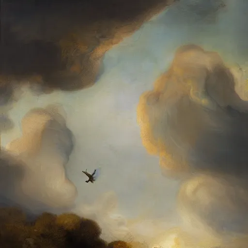 Prompt: oil painting of a serene landscape with a dragon flying in the sky, by rembrandt van rijn, trending on artstation