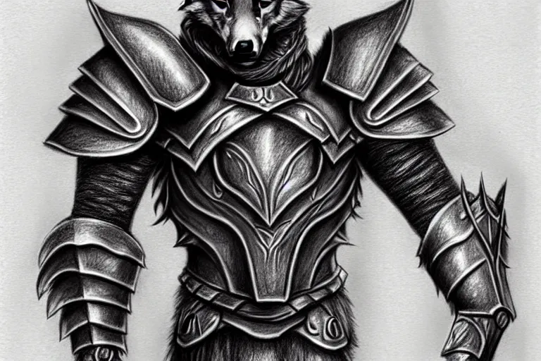 Image similar to a pencil drawing of a wolf, full body, D&D, armor, made by by Pen Tacula