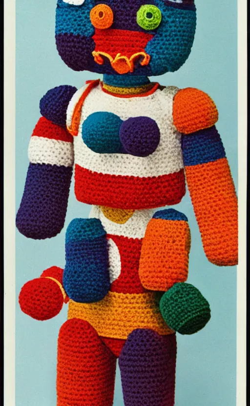 Prompt: multicolored crocheted cyborg cat, 1 9 8 0 s catalogue photo