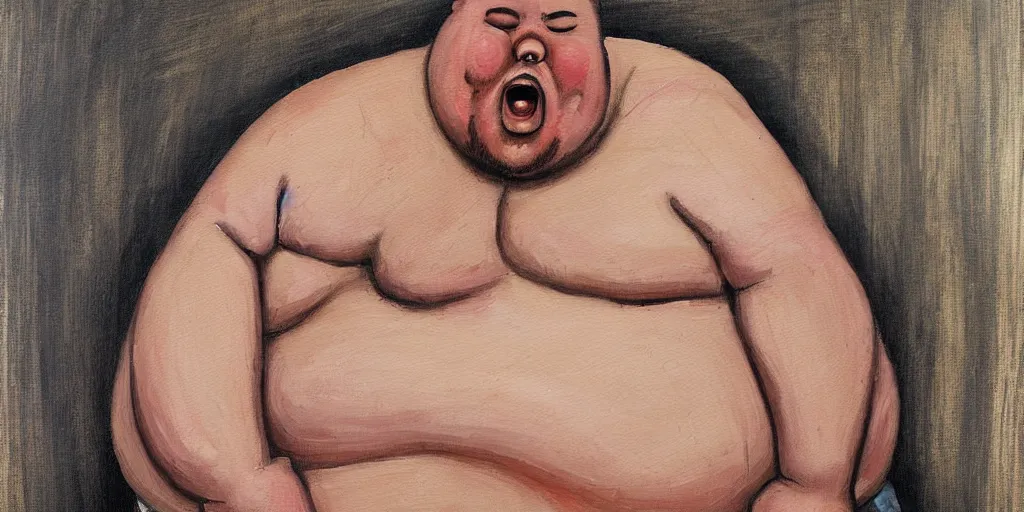 Prompt: a fat man trapped in a tiny cage, bulging and writhing in depressive agony detailed painting by tokio aoyama