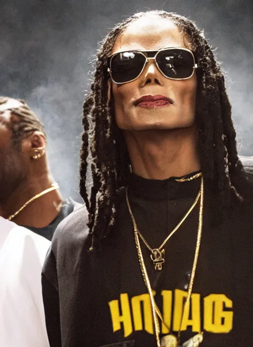 Image similar to film still of michael jackson as snoop dog in the movie straight outta compton, full-shot, 4k