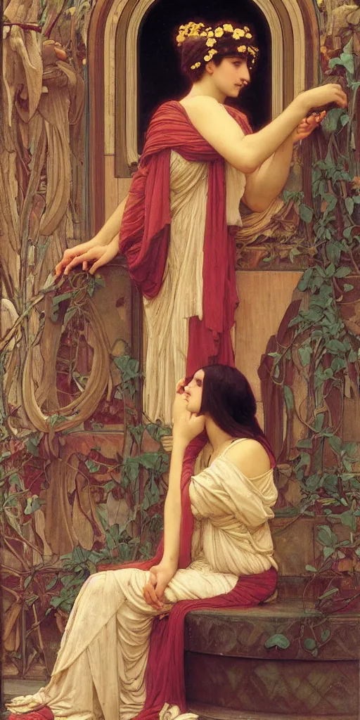 Image similar to at the gate of the temple by john william godward painted by alphonse mucha