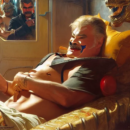 Image similar to burt reynolds is in his bed, nervous and terrified, because an evil rip taylor is throwing confetti from a bucket at him. highly detailed painting by gaston bussiere, j. c. leyendecker, greg rutkowski, craig mullins 8 k