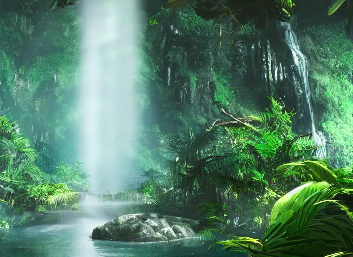 Image similar to great jungle turquiose waterfall, highly detailed, mist, god rays, cinematic, cinematic lighting, octane render, ultra details, 8K