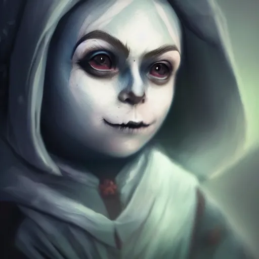 Image similar to portrait of a young female gnome, skull facepaint, dark robes, moonlight, D&D, sharp focus, concept art, realistic, cinematic lighting, fantasy digital painting