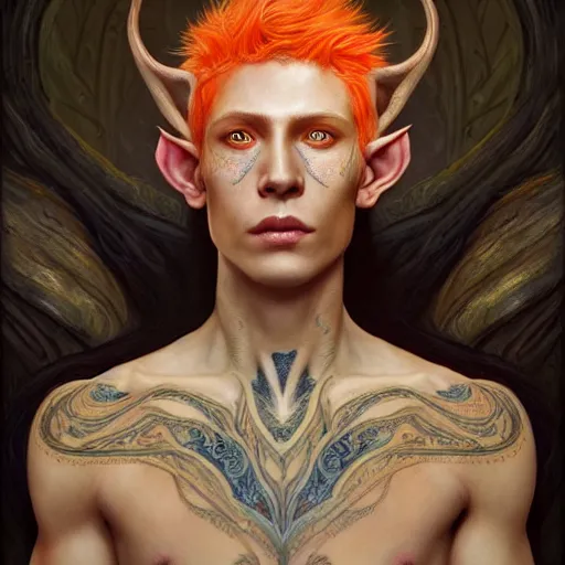Image similar to portrait painting of an elven young man with short light orange hair and tribal tattoos on cheekbones wearing fur armor, ultra realistic, concept art, intricate details, eerie, highly detailed, photorealistic, octane render, 8 k, unreal engine. art by artgerm and greg rutkowski and charlie bowater and magali villeneuve and alphonse mucha