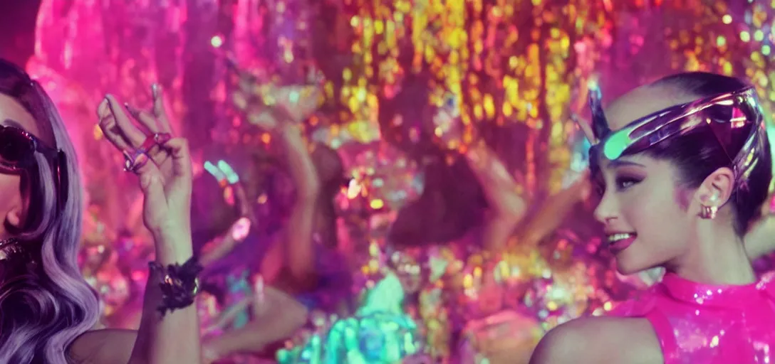 Image similar to cinematic movie still of ariana grande as a 1 9 7 0 s disco queen, 8 k hdr, action shot, movie still, hazy vibes, acid trip, fear and loathing