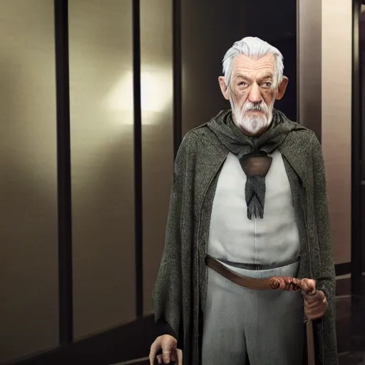 Prompt: Ian McKellen dressed as an evil wizard, holding walking stick, standing in lobby of office building, style of GTA V, octane render