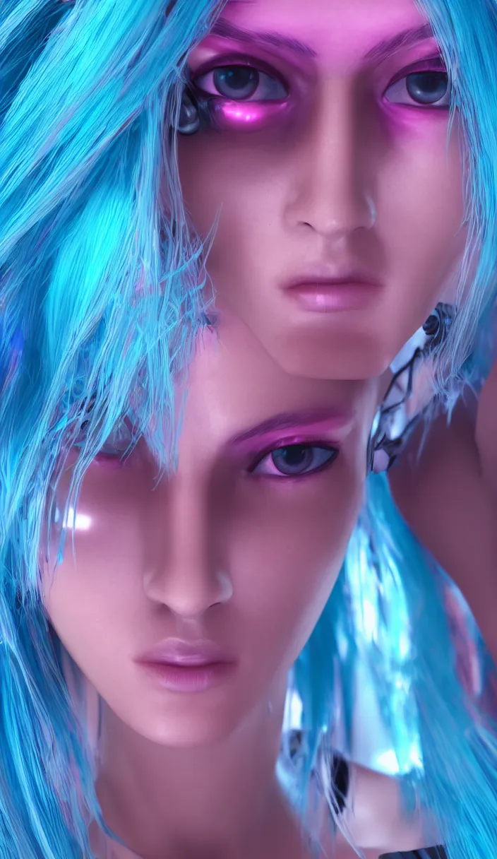 Image similar to a portrait of a cyberpunk woman, blue neon hair, pink eyes, hyperdetailed, rtx, hdr, 3 d render, octabe render, 8 k.