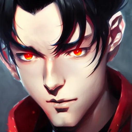 Image similar to anime portrait of a slick black hair guy with red eyes by stanley artgerm lau, wlop, rossdraws, james jean, andrei riabovitchev, marc simonetti, and sakimichan, trending on artstation