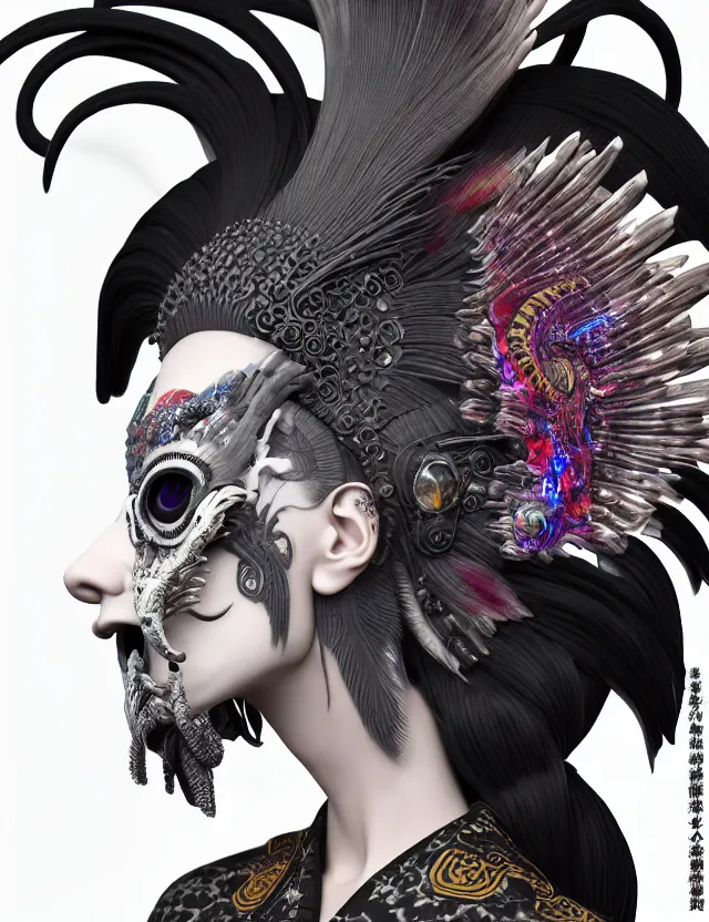 Image similar to 3 d goddess close - up profile portrait punk with mohawk with ram skull. beautiful intricately detailed japanese crow kitsune mask and clasical japanese kimono. betta fish, jellyfish phoenix, bio luminescent, plasma, ice, water, wind, creature, artwork by tooth wu and wlop and beeple and greg rutkowski