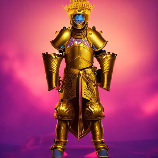 Image similar to a highly detailed knight with glowing purple eyes in a T golden helmet and a golden crown with a blue diamond in the center, golden armor, leather clothes under the armor, leather gloves, holds a black sword, artstation, DeviantArt, professional, octane render, sunset lighting