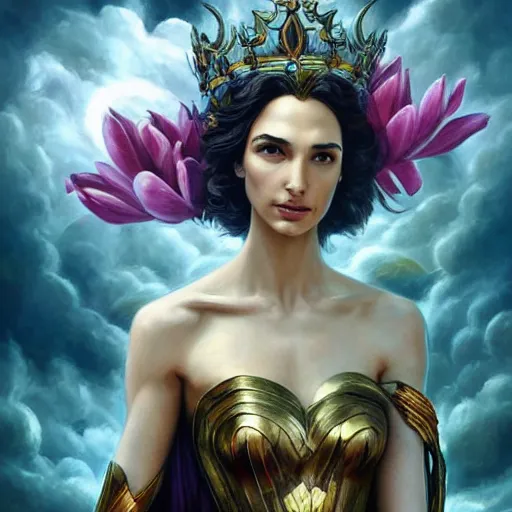 Image similar to fine art, long shot photo of the beauty goddess gal gadot, she has a crown of mesmerizing flowers, she is arriving heaven, background full of stormy clouds, by peter mohrbacher