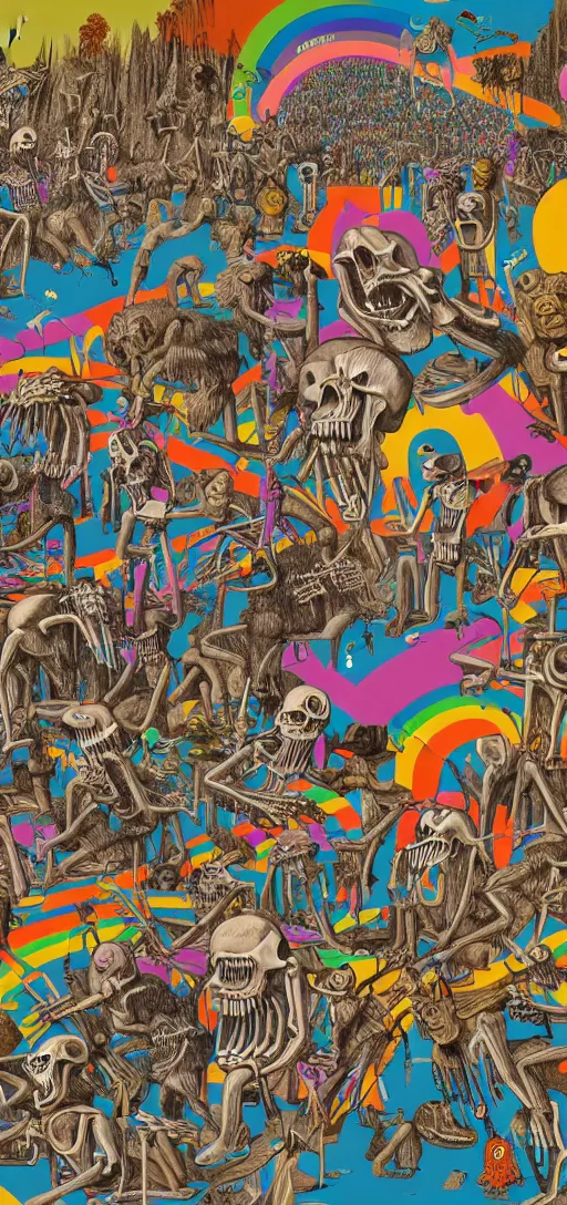 Prompt: epic mural of grizzly bear skeletons dancing, rainbow tubing, hieronymus bosch, victor moscoso, owsley, r crumb, clean outlines, shusei nagaoka, kaws, james jean, octane render