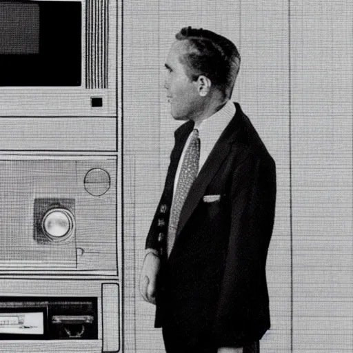 Image similar to full body man in suit with wearing a cathode ray tube TV on his head