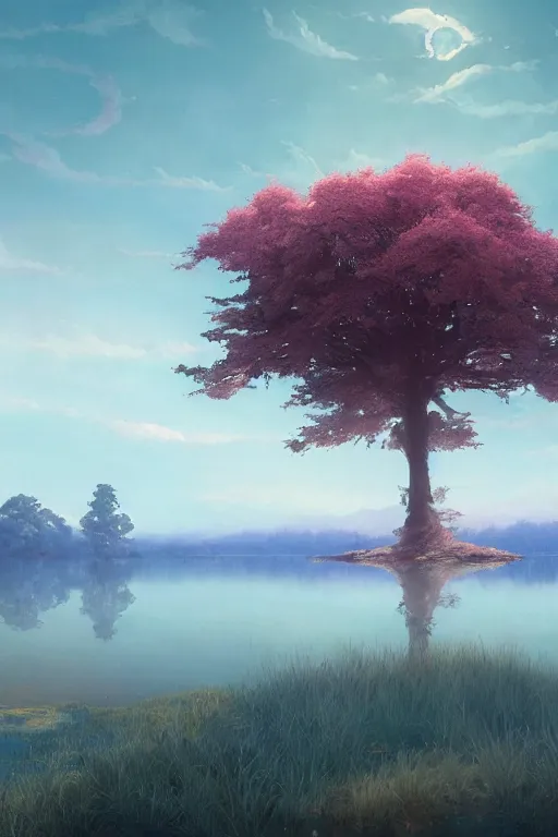 Image similar to vanishing point a single sakura tree upon a lake, viewed from afar, stephen bliss, mist, unreal engine, fantasy art by greg rutkowski, loish, rhads, ferdinand knab, makoto shinkai and lois van baarle, ilya kuvshinov, rossdraws, tom bagshaw, global illumination, radiant light, minimalist, detailed and intricate environment