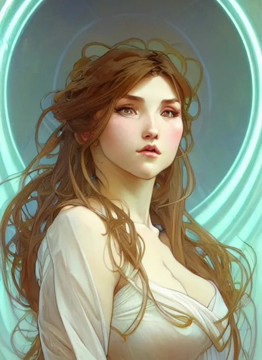 Prompt: digital character concept art by artgerm and greg rutkowski and alphonse mucha. clear portrait of a modern young wife blessed by god to unstoppably grow more perfect and fertile!! blonde, in clothes! holy full - figured! emotive, light effect. hyper detailed, glowing lights!! intricate, elegant, digital painting, artstation, smooth, sharp focus