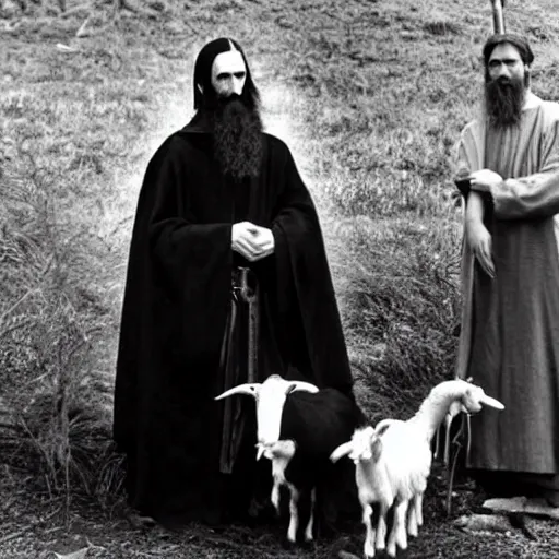 Image similar to photo of breton monks looking like rasputin, with a goat